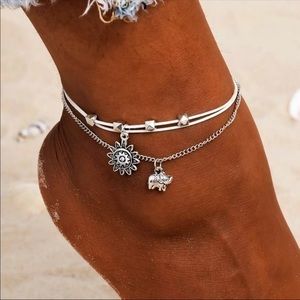Silver Layered Elephant and Sun Anklet